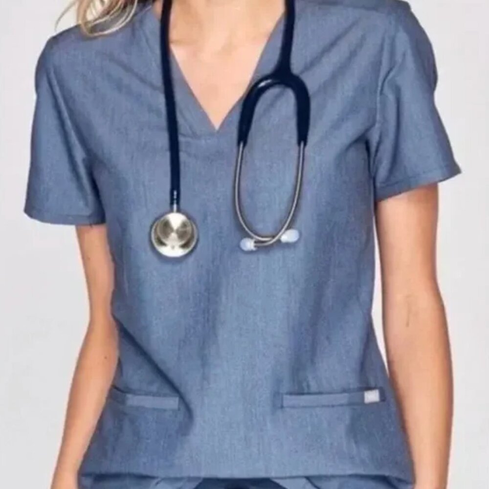 Figs women's XXS casma 3-pocket scrub‎ top in heather denim blue